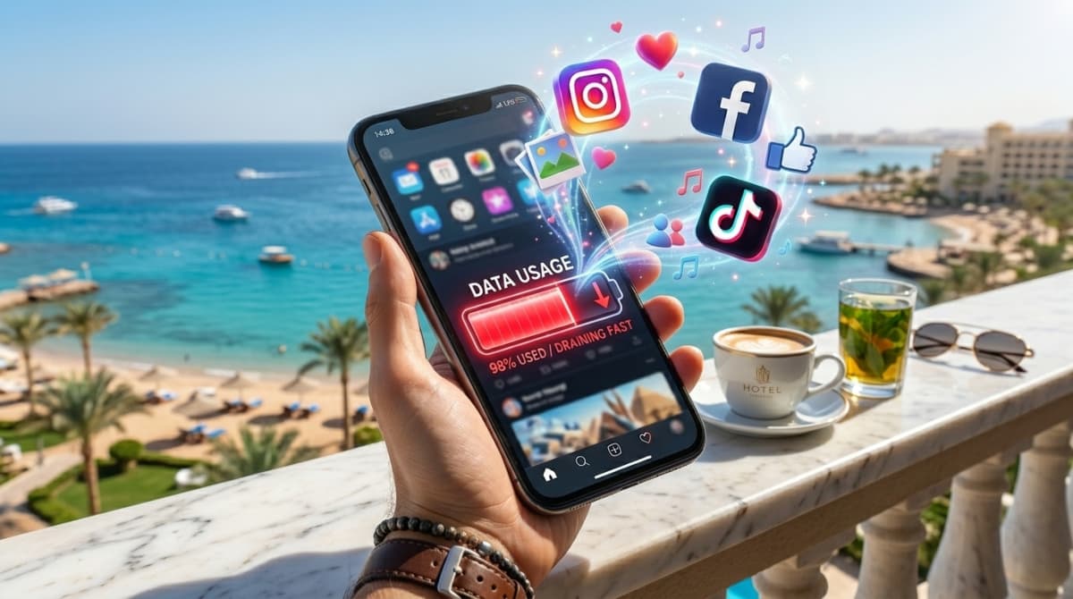 Smartphone background apps rapidly draining data from a newly activated Egypt tourist SIM card.