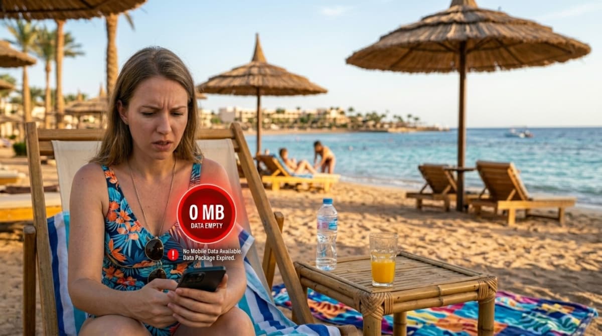 A traveler facing data issues after purchasing an Egypt tourist SIM card at the airport.