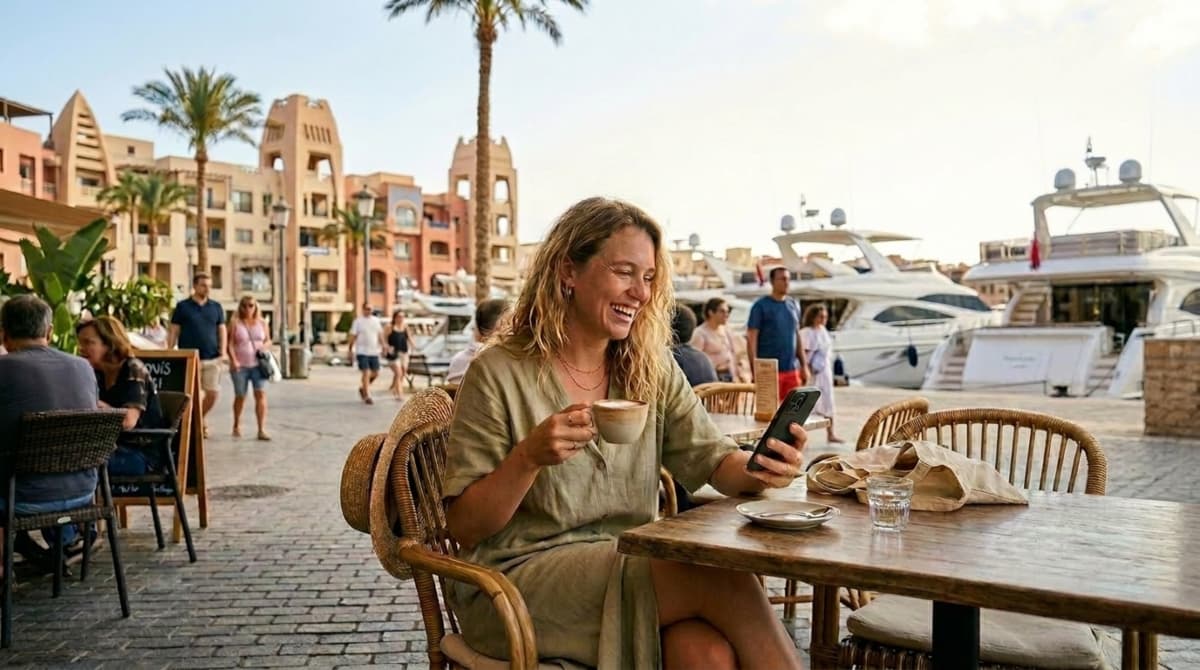 A relaxed tourist enjoying high-speed internet from an official Egypt tourist SIM card in Hurghada city.