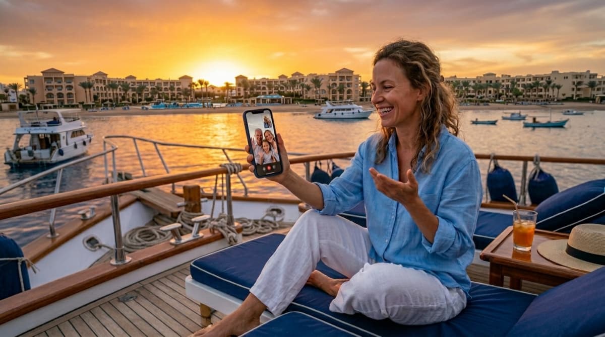 A happy traveler making a video call using a reliable Egypt tourist SIM card on the Red Sea.