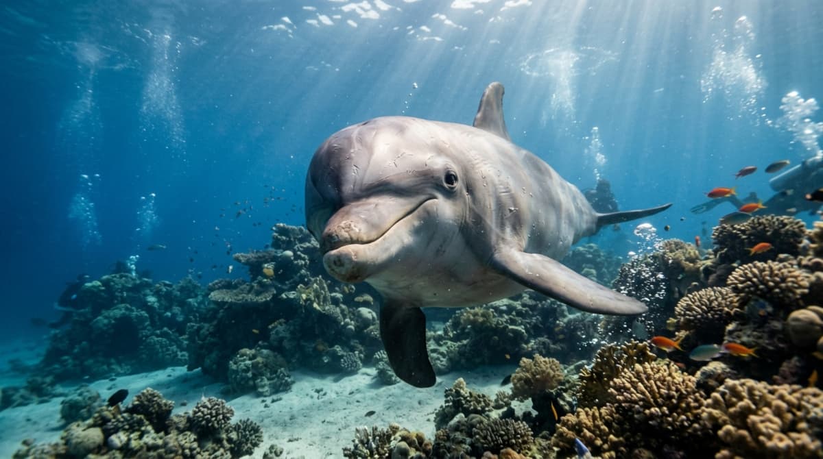 Dolphins in the Red Sea displaying curiosity while approaching an underwater camera