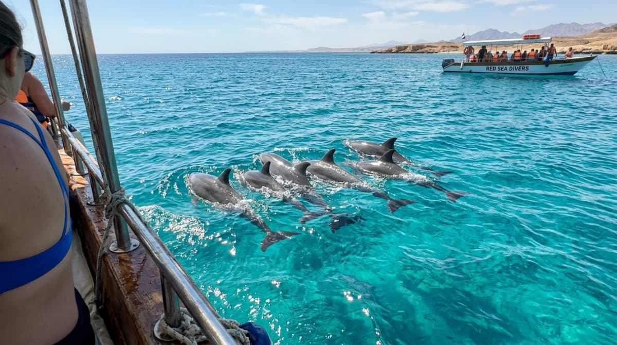 Pod of bottlenose dolphins swimming together in the clear waters of Hurghada's Red Sea