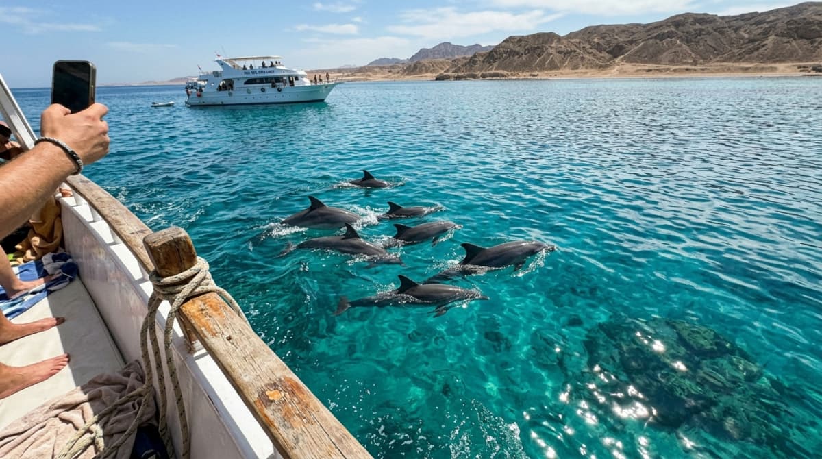 Tourists watching dolphins swimming near a boat in Hurghada Today